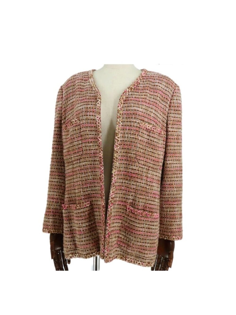 Chanel Collarless Jacket Pink Brown Linen Cotton Buttonless with Shoulder Pads